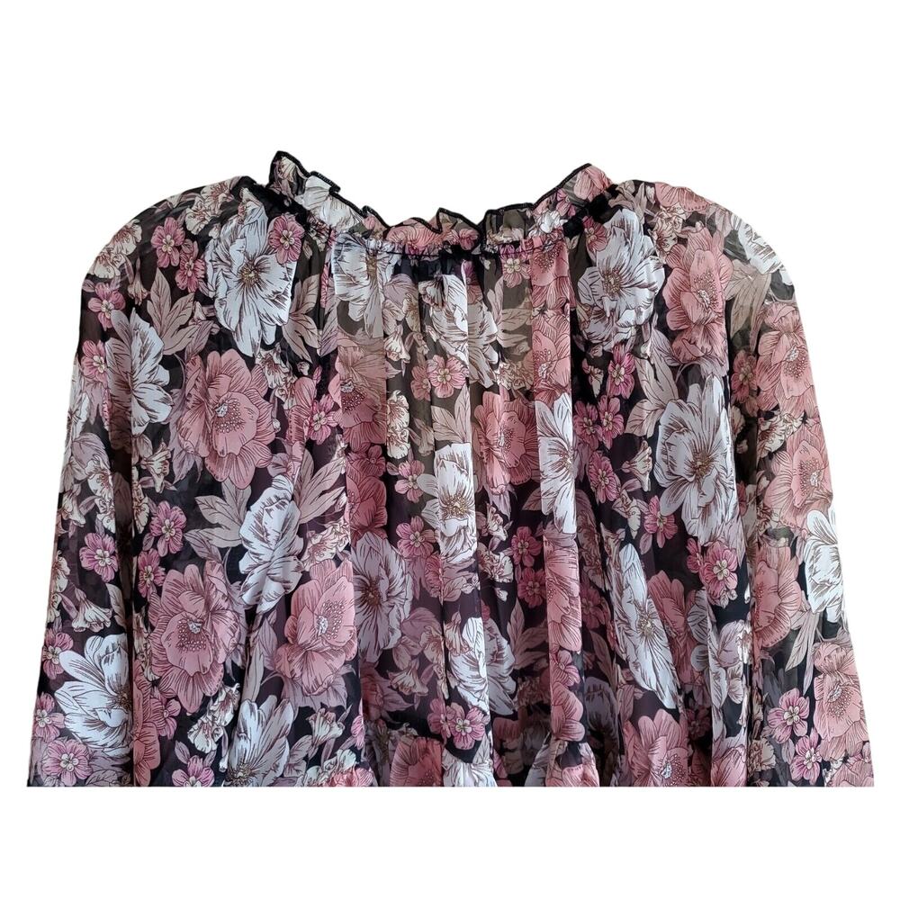 AAKAA Women's S Babydoll Dress Pink Plum Floral Chiffon Balloon Sleeves Ruffles - Picture 7 of 8